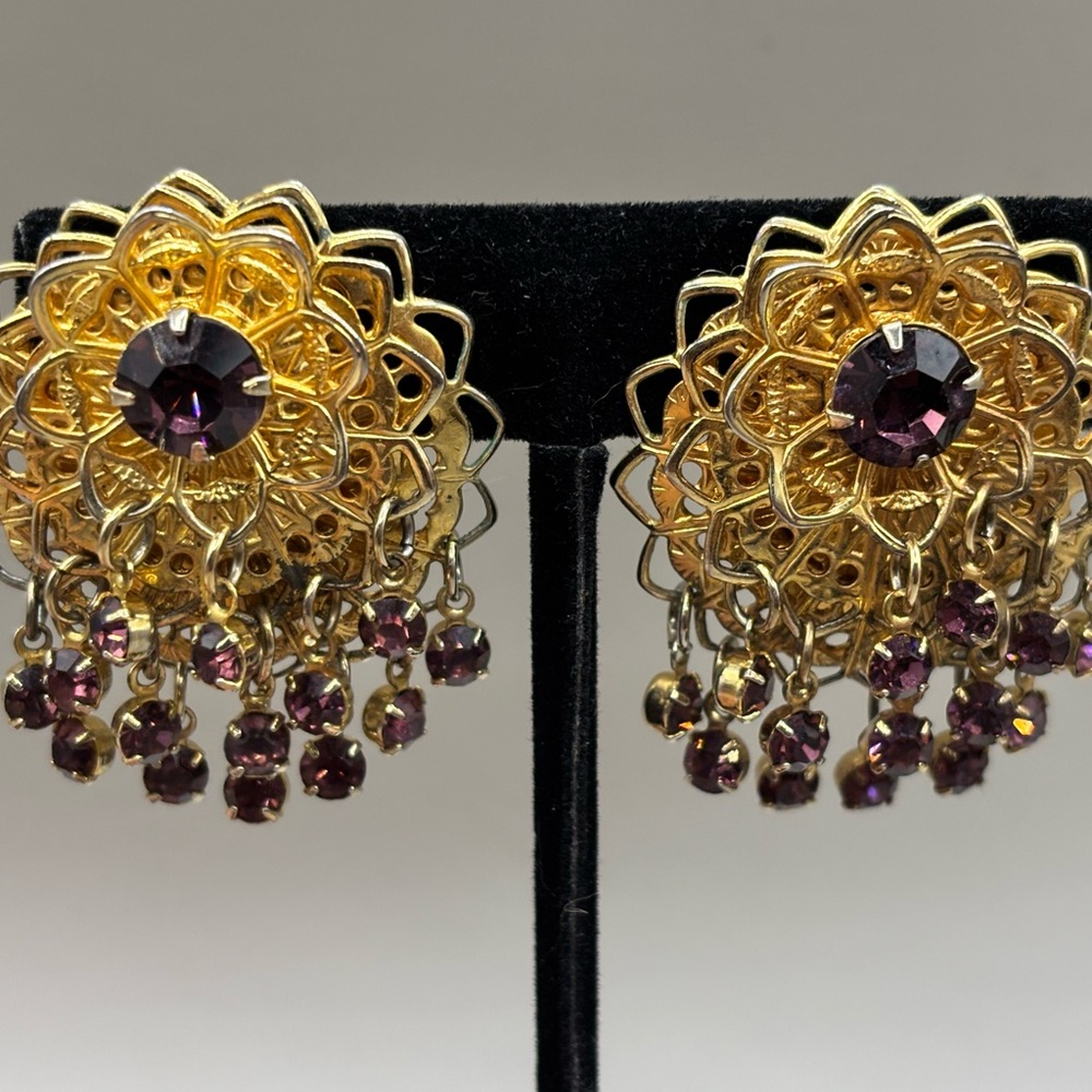 Vintage Sarah Coventry ? Purple Rhinestone Filigree Waterfall Cascade  Earrings